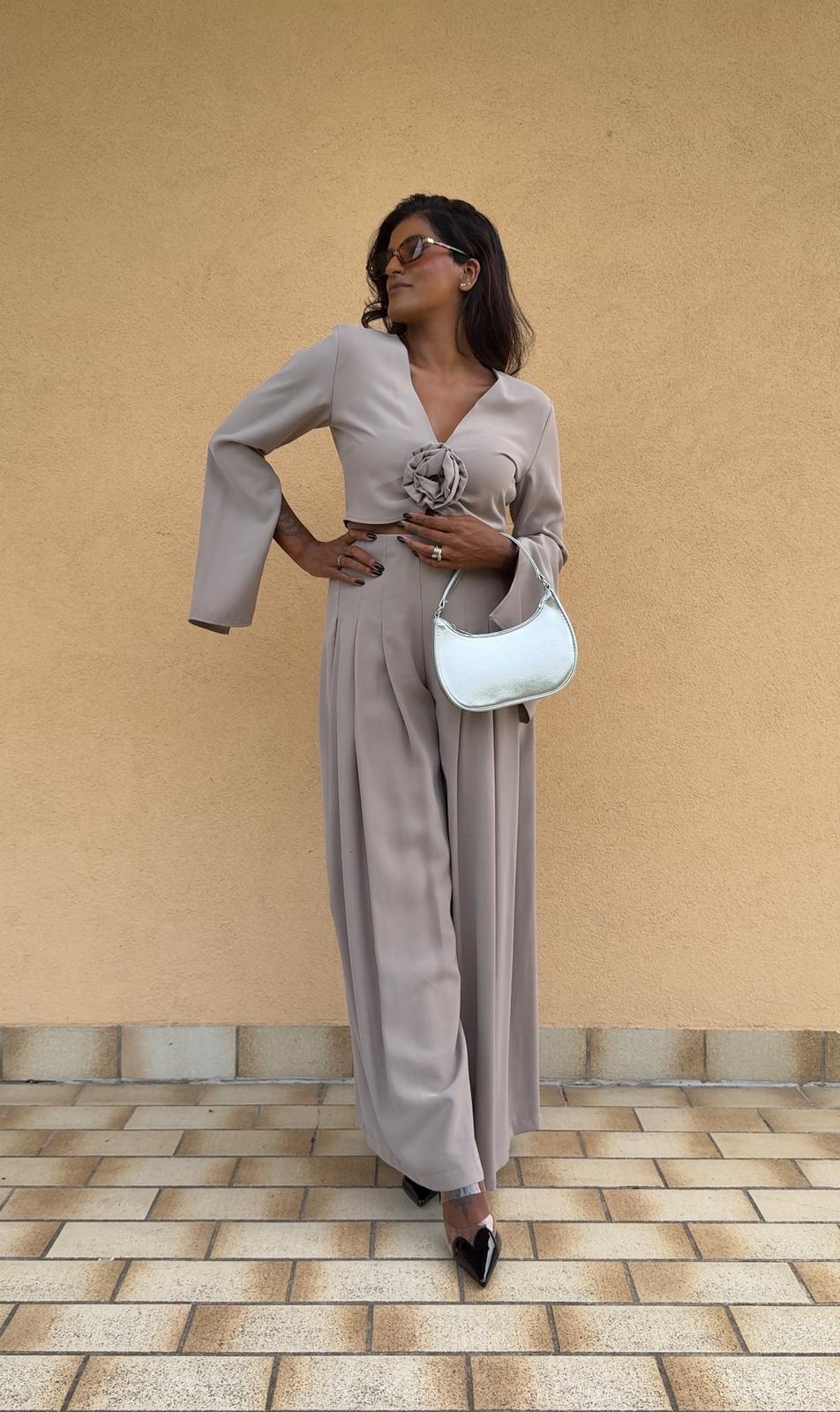 Pantaloni Palazzo con Pinces e Zip Laterale – Fango