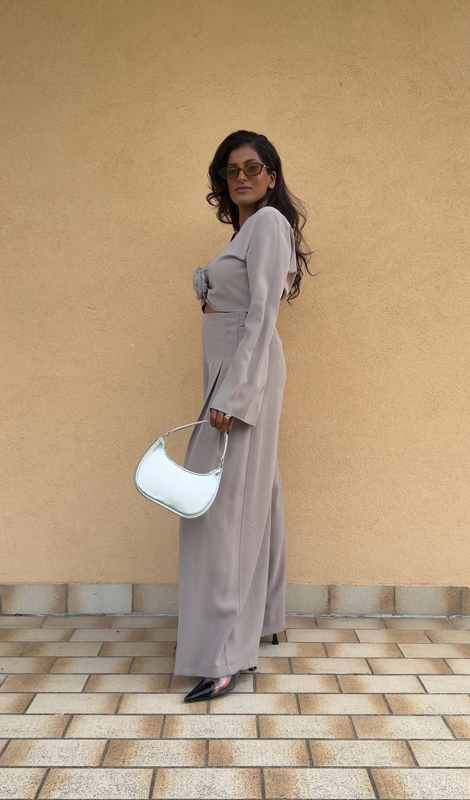 Pantaloni Palazzo con Pinces e Zip Laterale – Fango