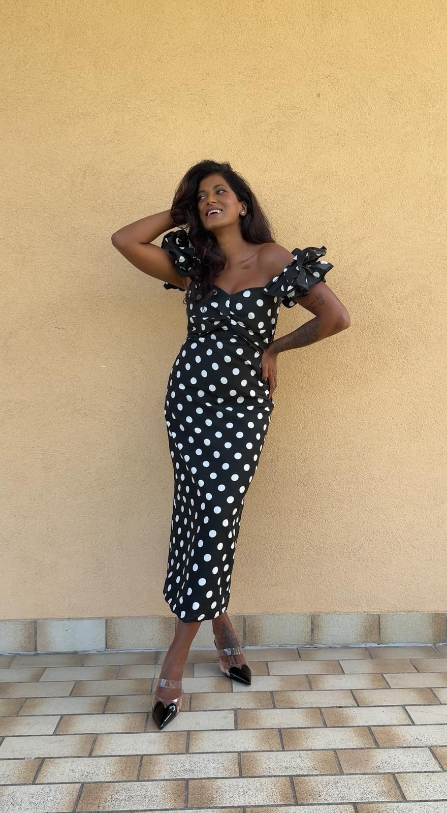 Abito Midi a Pois con Maniche Removibili – Bianco/Nero