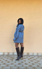 Vestito in Jeans con Fiocco e Inserti in Pizzo